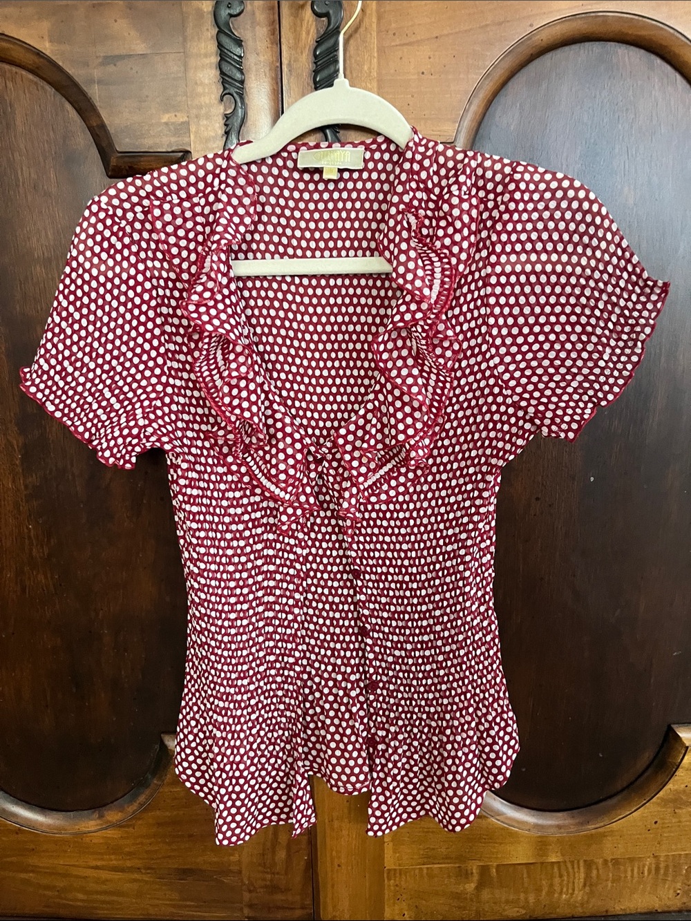 Ruffled Polka Dot V-Neck Blouse in Red and White